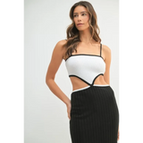 black and white vacation knit midi dress for women with cutout design and thin straps