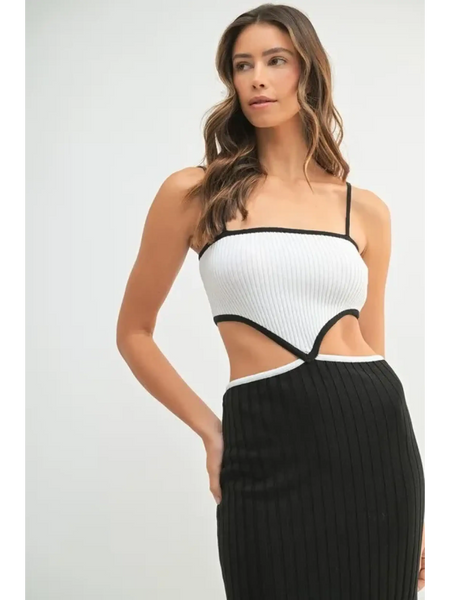 black and white vacation knit midi dress for women with cutout design and thin straps