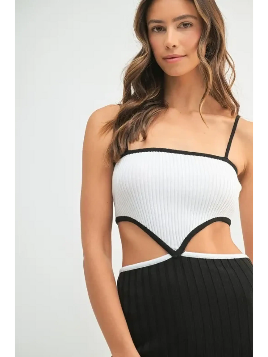 vacation knit midi dress for women in black and white with cutout details