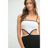 vacation knit midi dress for women in black and white with cutout details