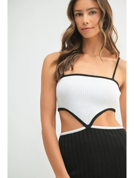 vacation knit midi dress for women in black and white with cutout details