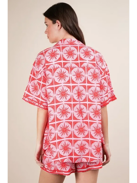 Babe Beachwear vacation printed top and shorts outfit in red and white floral pattern set
