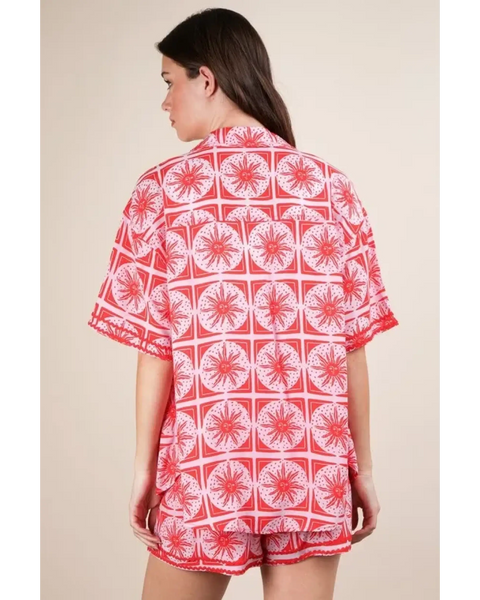 Babe Beachwear vacation printed top and shorts outfit in red and white floral pattern set