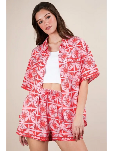 Babe Beachwear vacation printed top and shorts outfit in red and white geometric pattern