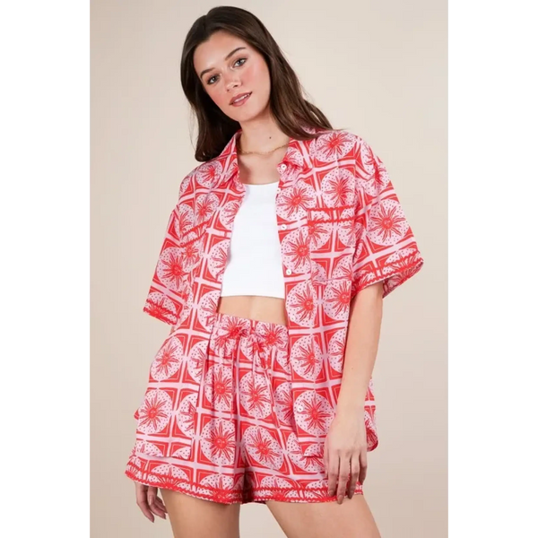Babe Beachwear vacation printed top and shorts outfit in red and white geometric pattern