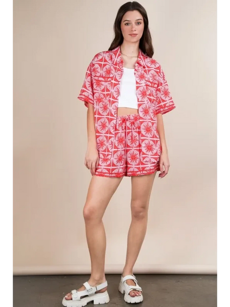 Babe Beachwaer vacation printed top and shorts outfit in red and white with tropical patterns
