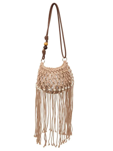 Babe Beachwear vacation-ready boho handbag with fringe detailing and long shoulder strap