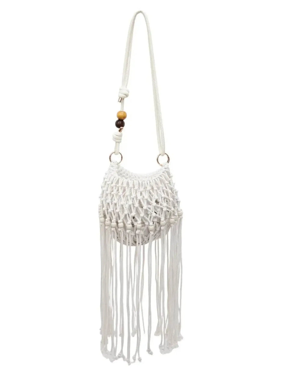 Babe Beachwear white vacation-ready boho handbag with macrame design and long fringe details