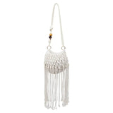 Babe Beachwear white vacation-ready boho handbag with macrame design and long fringe details