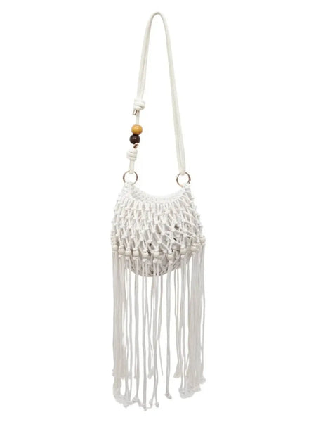 Babe Beachwear white vacation-ready boho handbag with macrame design and long fringe details
