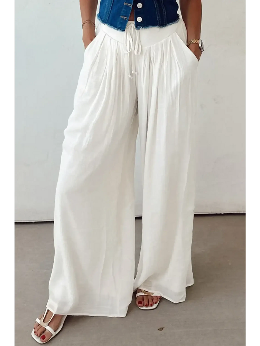 Trendsi white vacation resort wide leg trousers with drawstring waist and pockets