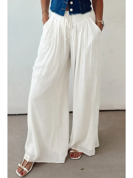 Trendsi white vacation resort wide leg trousers with drawstring waist and pockets
