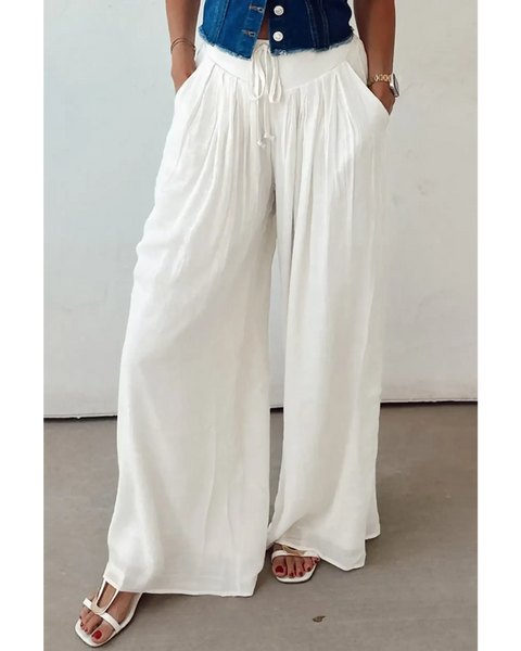 Trendsi white vacation resort wide leg trousers with drawstring waist and pockets