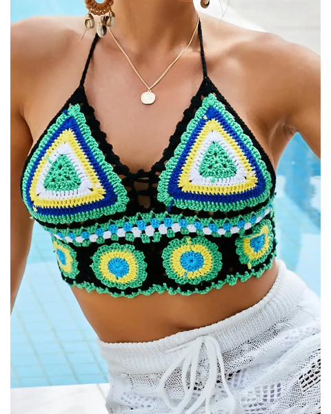 Beach Babes crochet tank top in green blue and yellow with triangle cups and halter neck style