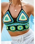 Beach Babes crochet tank top in green blue and yellow with triangle cups and halter neck style