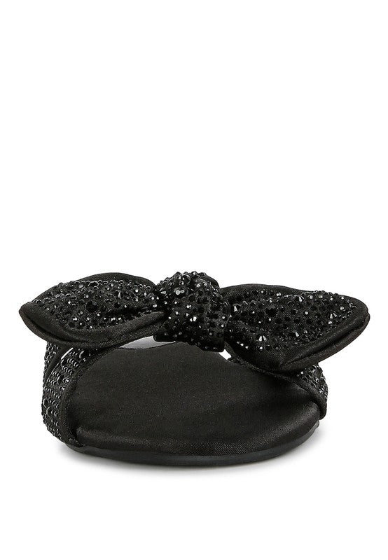 Rag Company black sandals with jeweled bow detail and cushioned footbed for stylish comfort