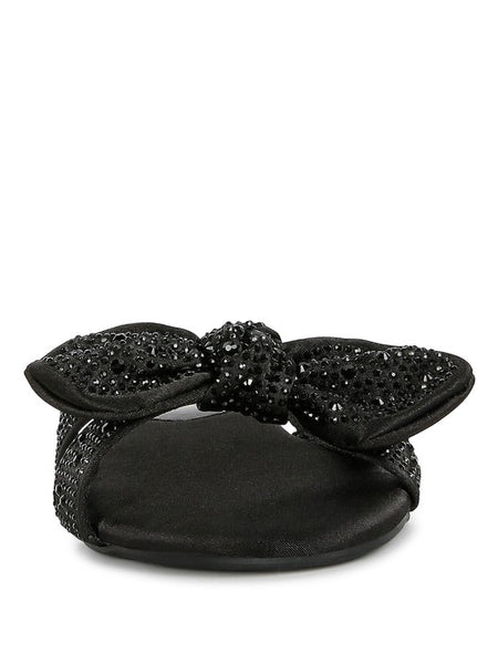 Rag Company black sandals with jeweled bow detail and cushioned footbed for stylish comfort