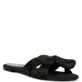 Rag Company black sandals with sparkling rhinestone embellishments and bow detail on flat sole