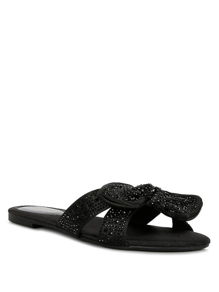 Rag Company black sandals with sparkling rhinestone embellishments and bow detail on flat sole