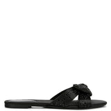 Rag Company black flat sandals with perforated design and decorative bow detail
