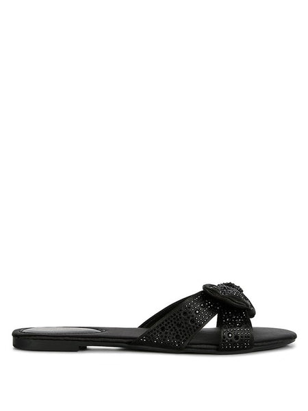 Rag Company black flat sandals with perforated design and decorative bow detail