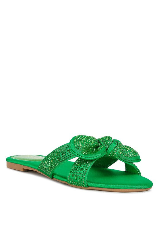 Rag Company green sandals with decorative rhinestones and a flat sole for stylish comfort