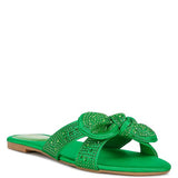 Rag Company green sandals with decorative rhinestones and a flat sole for stylish comfort