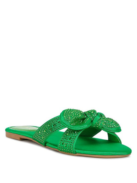 Rag Company green sandals with decorative rhinestones and a flat sole for stylish comfort