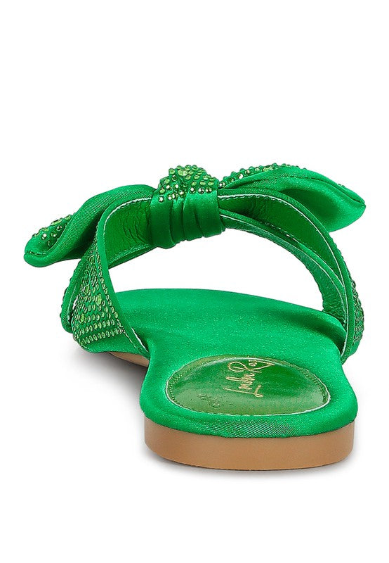 Rag Company green sandals with decorative bow and rhinestones flat sole