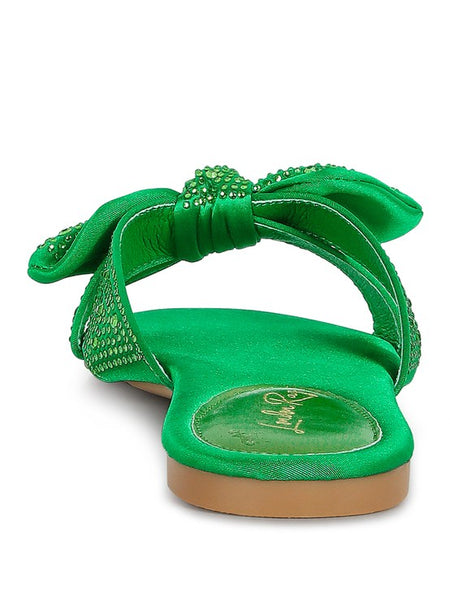 Rag Company green sandals with decorative bow and rhinestones flat sole