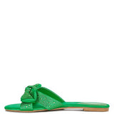 Rag Company green sandals with rhinestone embellishments and bow detail on flat sole