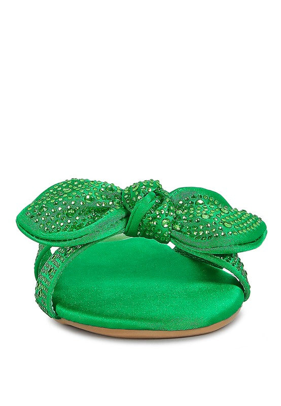Rag Company green sandals with decorative bow and sparkling embellishments on front strap