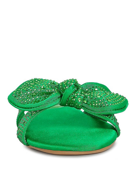 Rag Company green sandals with decorative bow and sparkling embellishments on front strap
