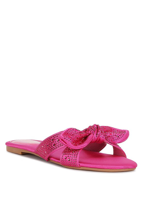 Rag Company pink sandals with decorative bow and rhinestone accents flat sole
