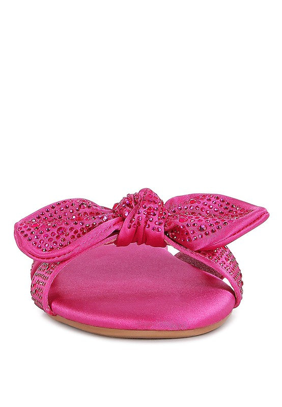 Rag Company pink satin sandals with decorative bow and rhinestone embellishments