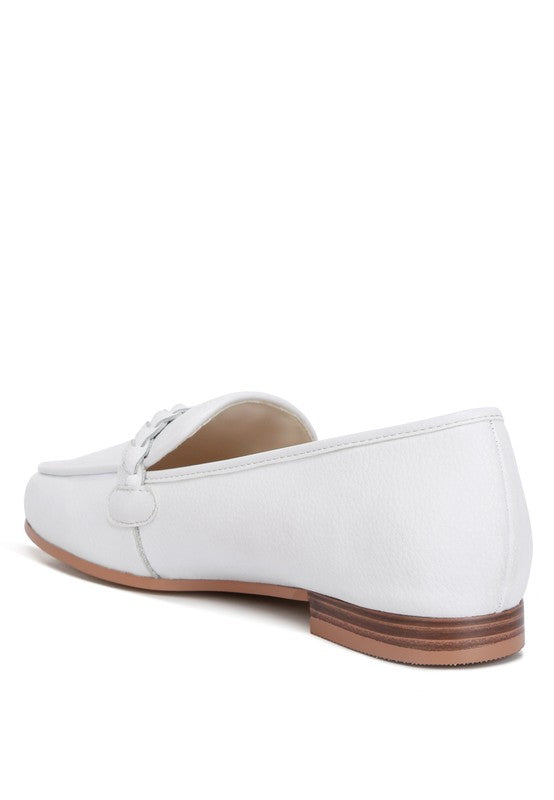 Rag Company white leather loafers with brown stacked heel and decorative strap detail