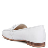 Rag Company white leather loafers with brown stacked heel and decorative strap detail
