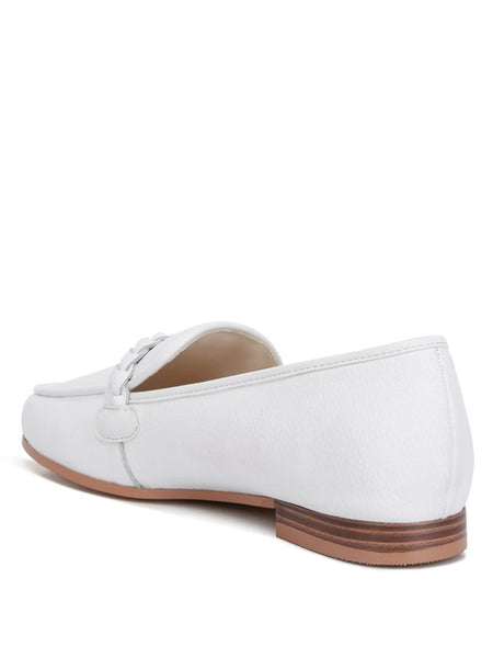 Rag Company white leather loafers with brown stacked heel and decorative strap detail