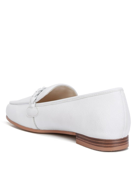 Rag Company white leather loafers with brown stacked heel and decorative strap detail
