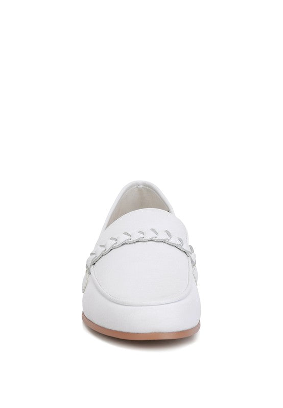 Rag Company white leather loafers with braided detail and tan sole front view