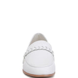 Rag Company white leather loafers with braided detail and tan sole front view