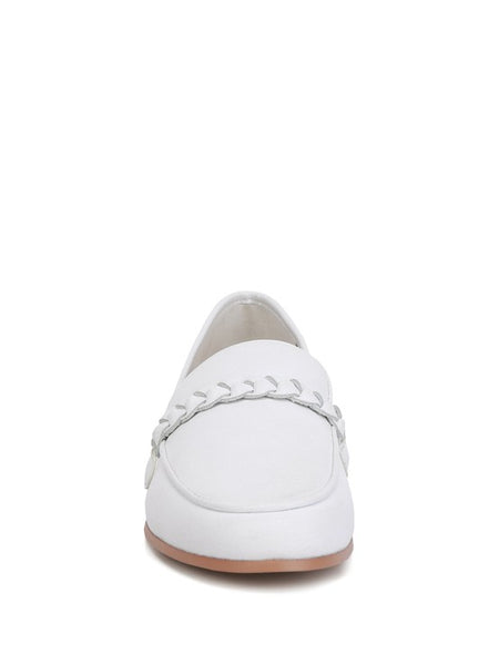 Rag Company white leather loafers with braided detail and tan sole front view