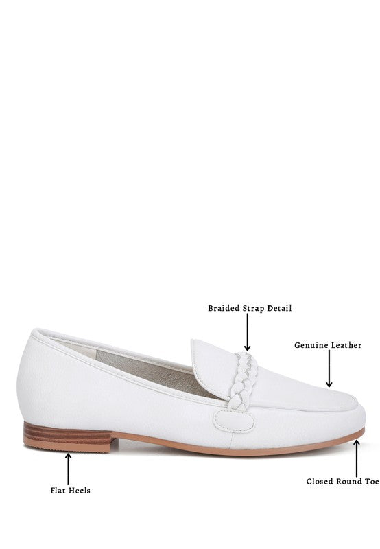 Rag Company white leather loafers with braided strap, closed round toe, flat heels, and genuine leather details