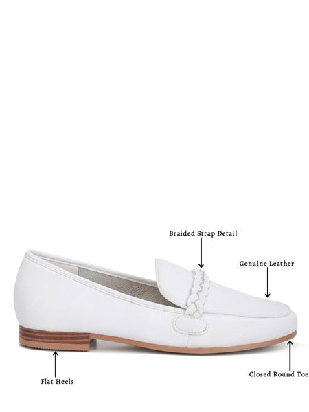 Rag Company white leather loafers with braided strap, closed round toe, flat heels, and genuine leather details
