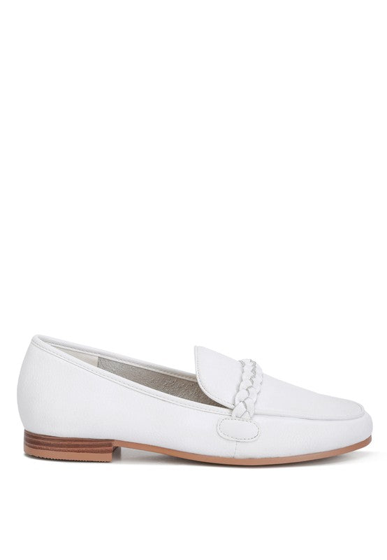 Rag Company white leather loafers with braided detail and low wooden heel