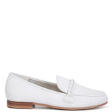 Rag Company white leather loafers with braided detail and low wooden heel