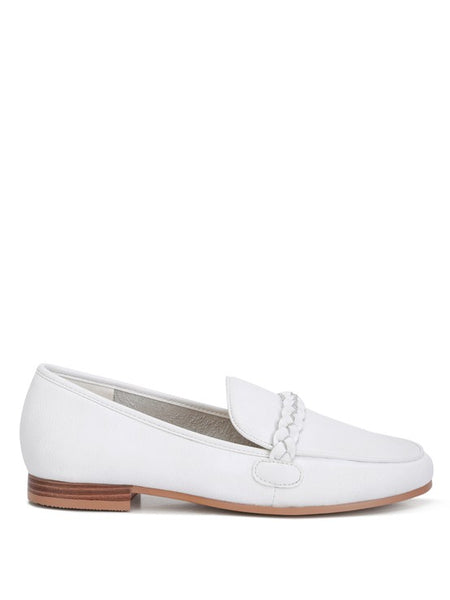 Rag Company white leather loafers with braided detail and low wooden heel