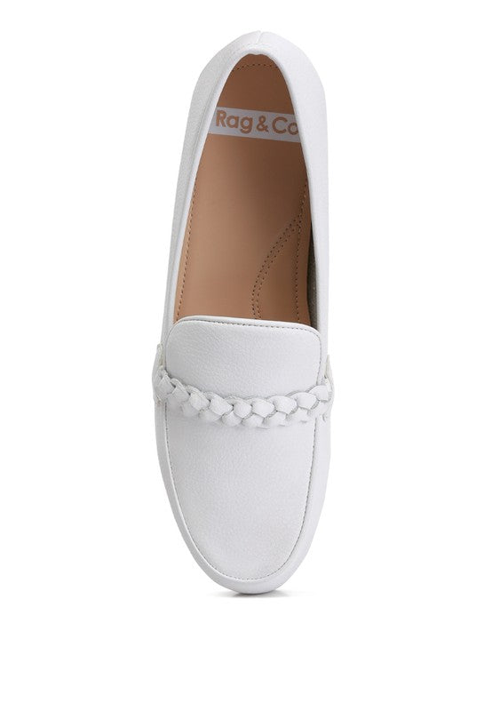 Rag Company white leather loafers with braided detail and cushioned insole