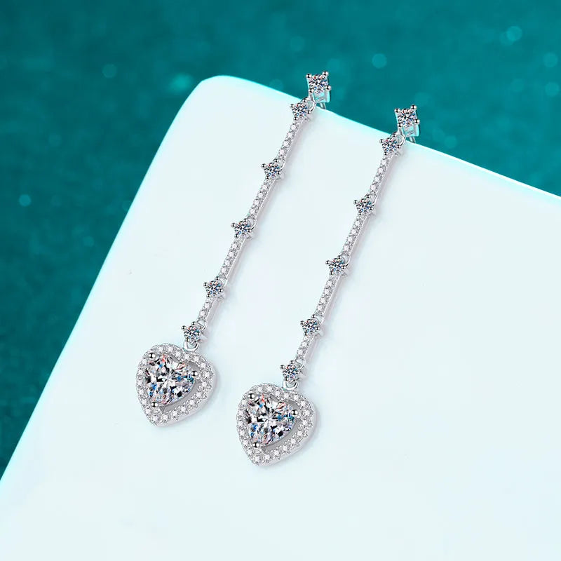 Trendsi 2 carat moissanite heart earrings with long silver drop design and sparkling stones