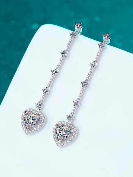 Trendsi 2 carat moissanite heart earrings with long silver drop design and sparkling stones